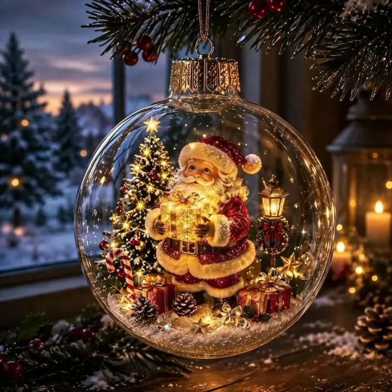 Beleuchtete Weihnachtskugel mit winterlicher Miniatur-Dekoration