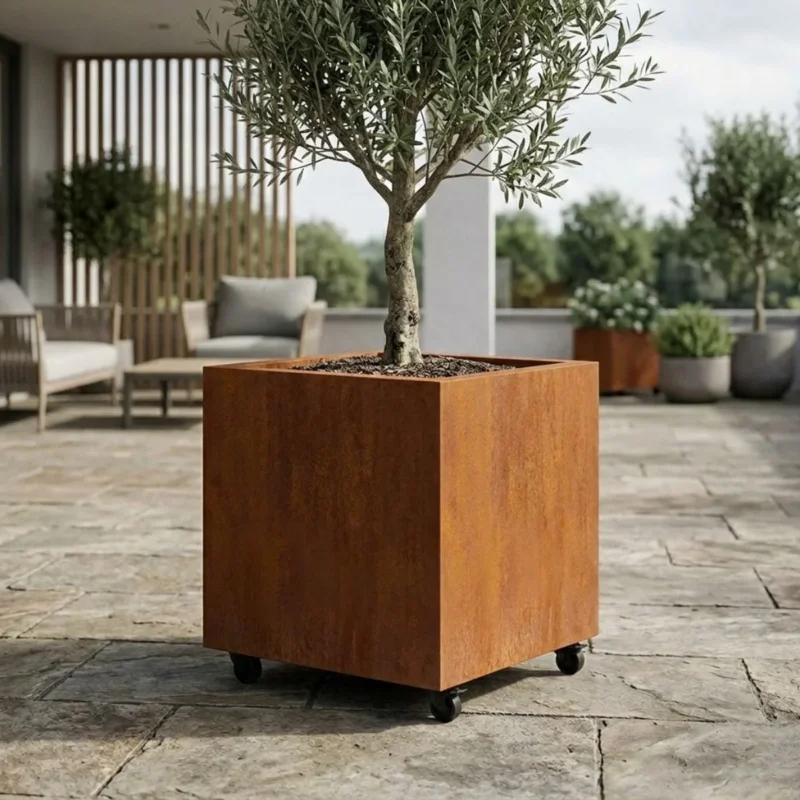 Vierkante cortenstalen plantenbak met wielen 60x60x60 cm - Doika - Plantenbak - Geroba - - QuadraWH4