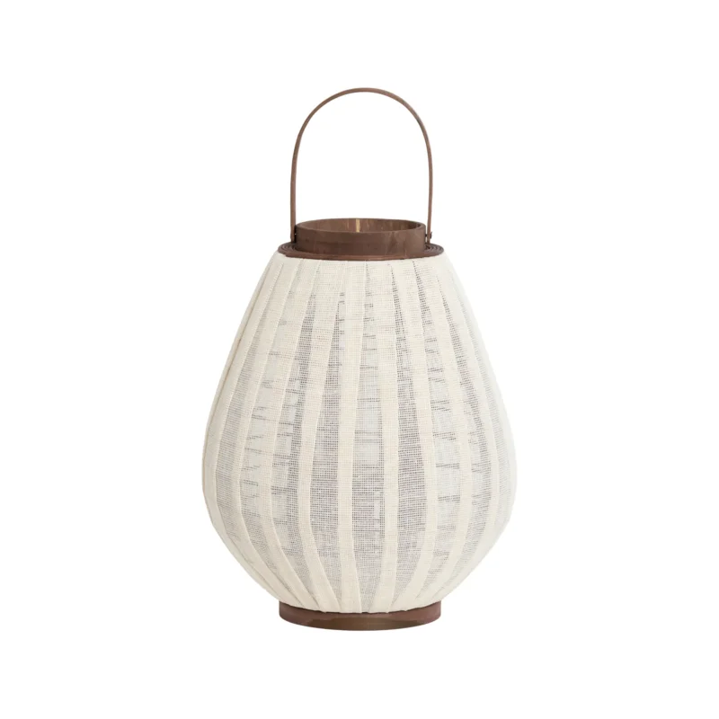 Kompaktes Windlicht aus Leinen und Holz in Natur mit dunklem Griff